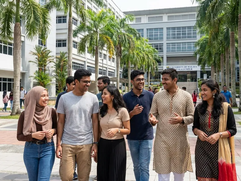 Indian students walking together on a university campus in Malaysia
