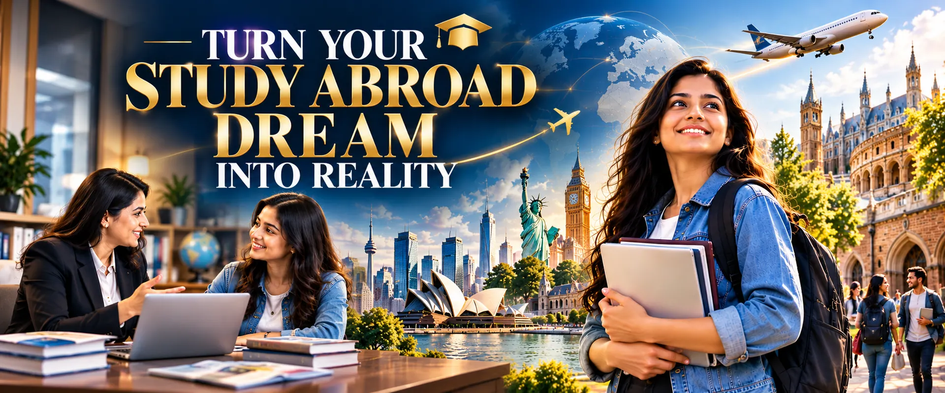 Turn your study abroad dream into reality: counsellor guiding a student, with a student on campus and global landmarks