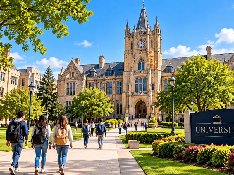 Students with backpacks walking across a university campus