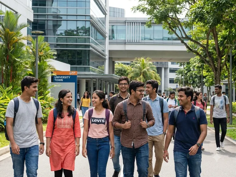 Indian students walking together on a university campus in Singapore
