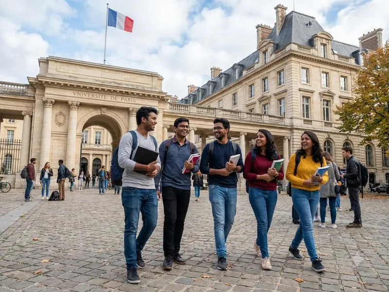 Indian students walking together on a university campus in France