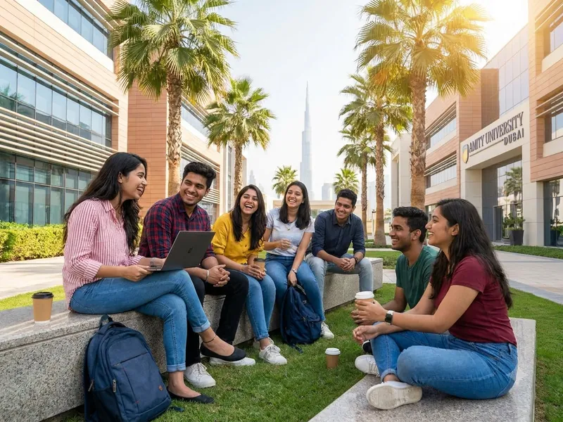 Indian students talking together on campus in Dubai