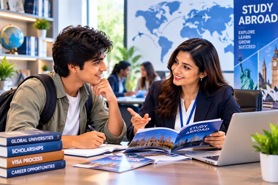 Indian student discussing overseas education with a professional counsellor in a study abroad office