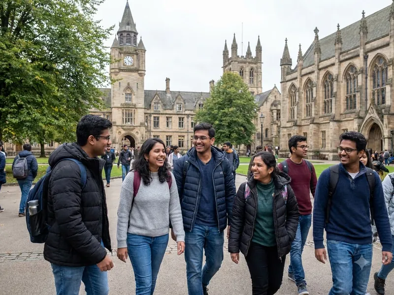 Indian students walking together on a university campus in the UK