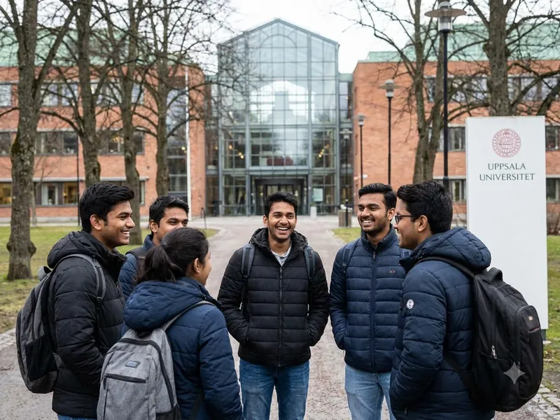 Indian students walking together on a university campus in Sweden