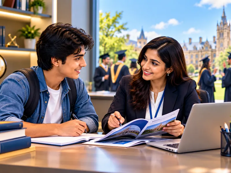 Indian student and counsellor reviewing a university brochure together
