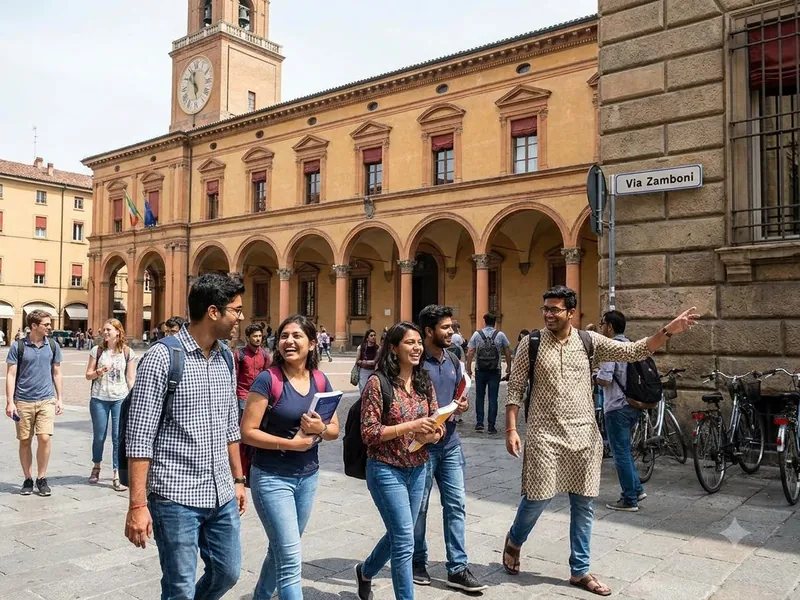 Indian students walking together on a university campus in Italy
