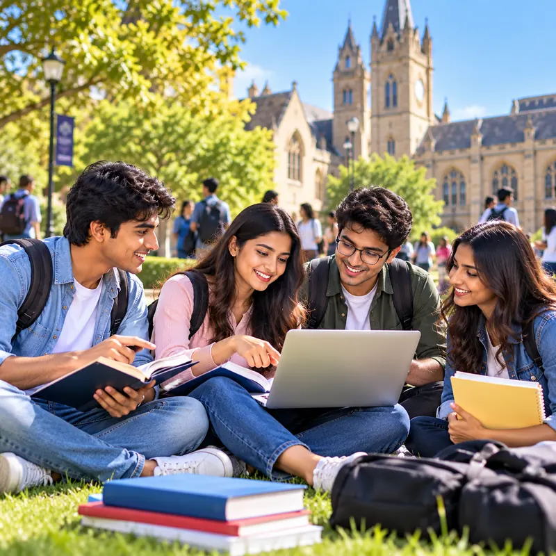 Group of Indian students with backpacks studying together on a university campus lawn