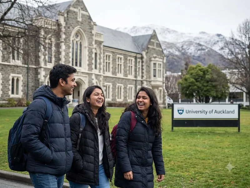 Indian students walking together on a university campus in New Zealand