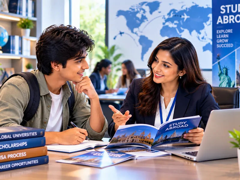 Indian student and counsellor going through study abroad information on a laptop