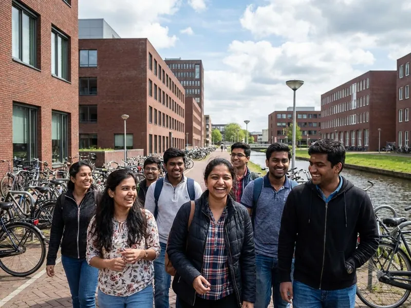 Indian students walking together on a university campus in the Netherlands