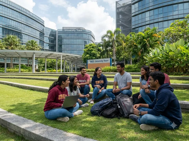 Indian students talking together on campus in Singapore