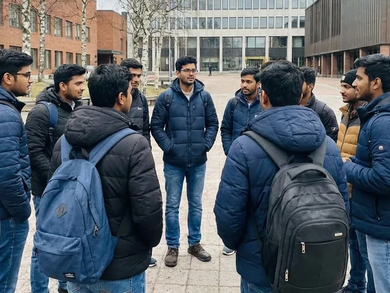 Indian students talking together on campus in Finland