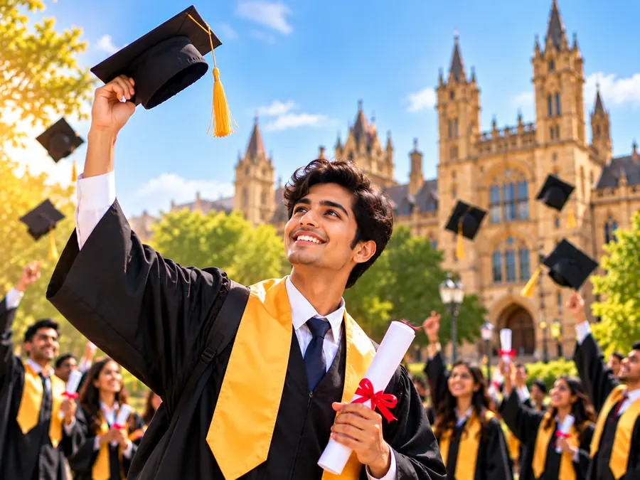 Indian student celebrating graduation with classmates in front of a historic university campus