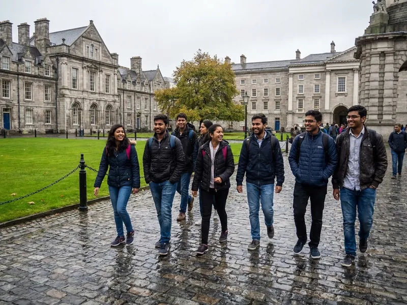 Indian students walking together on a university campus in Ireland