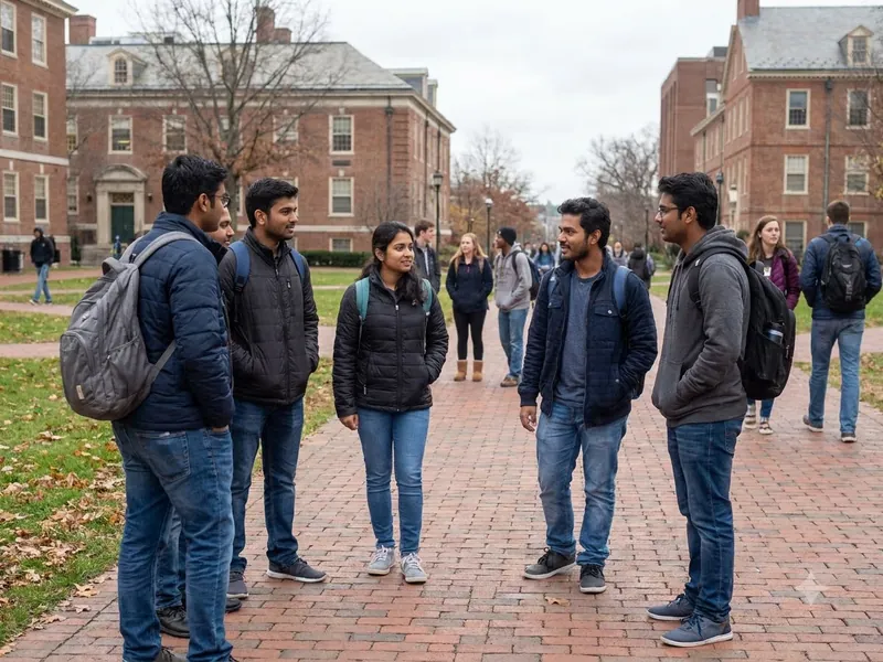 Indian students walking together on a university campus in the USA