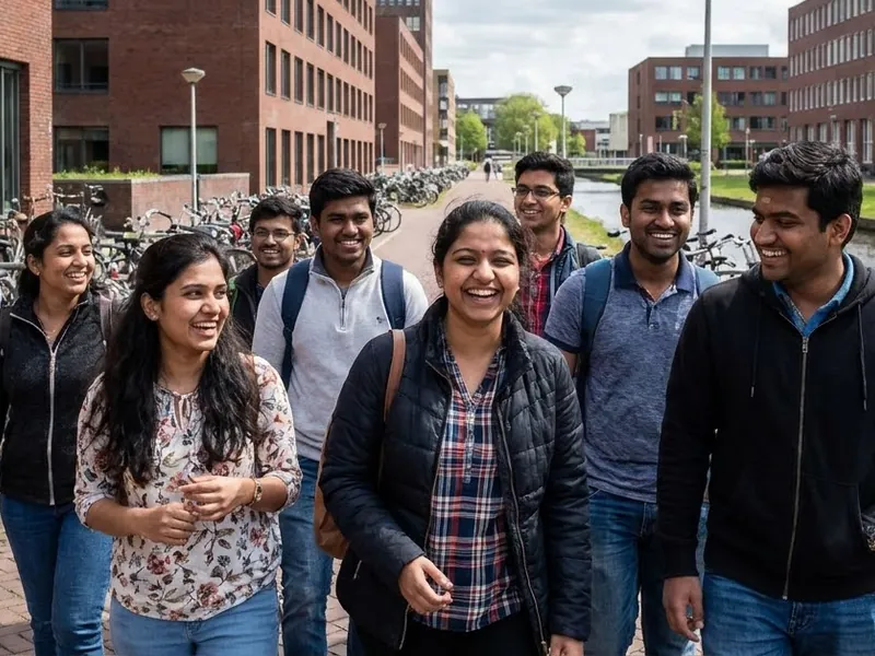 Indian students talking together on campus in the Netherlands