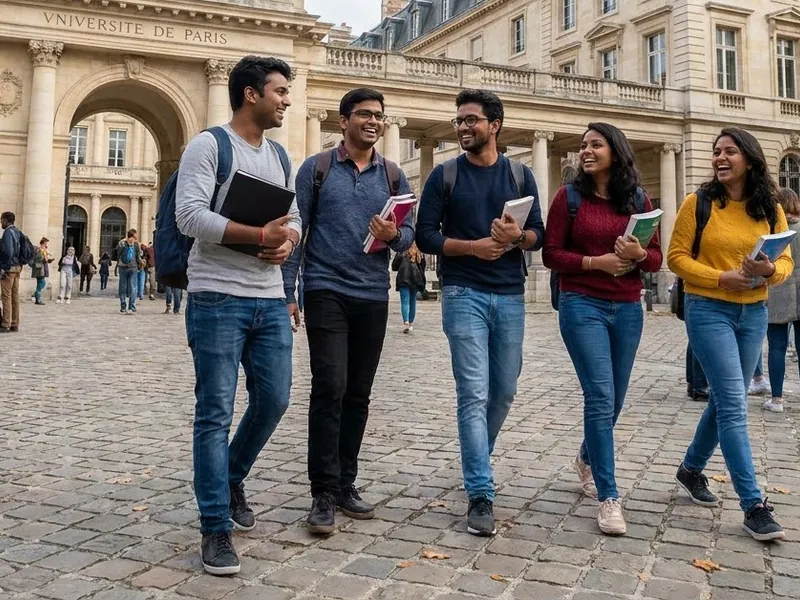 Indian students talking together on campus in France