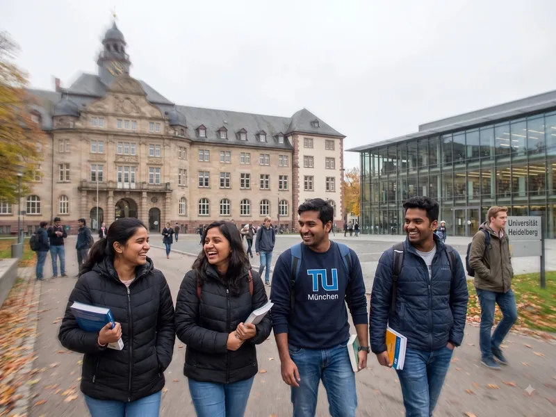 Indian students walking together on a university campus in Germany