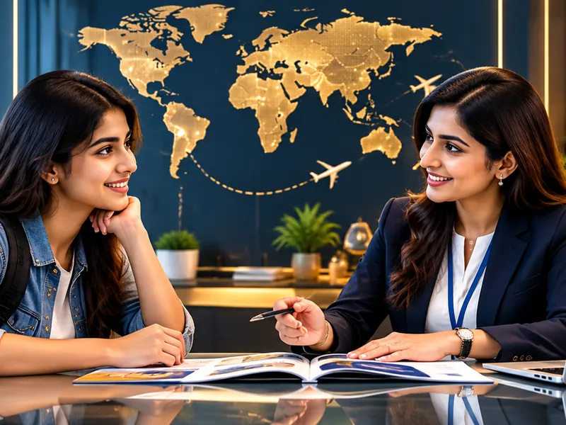 Indian student and counsellor discussing study options in a modern counselling office