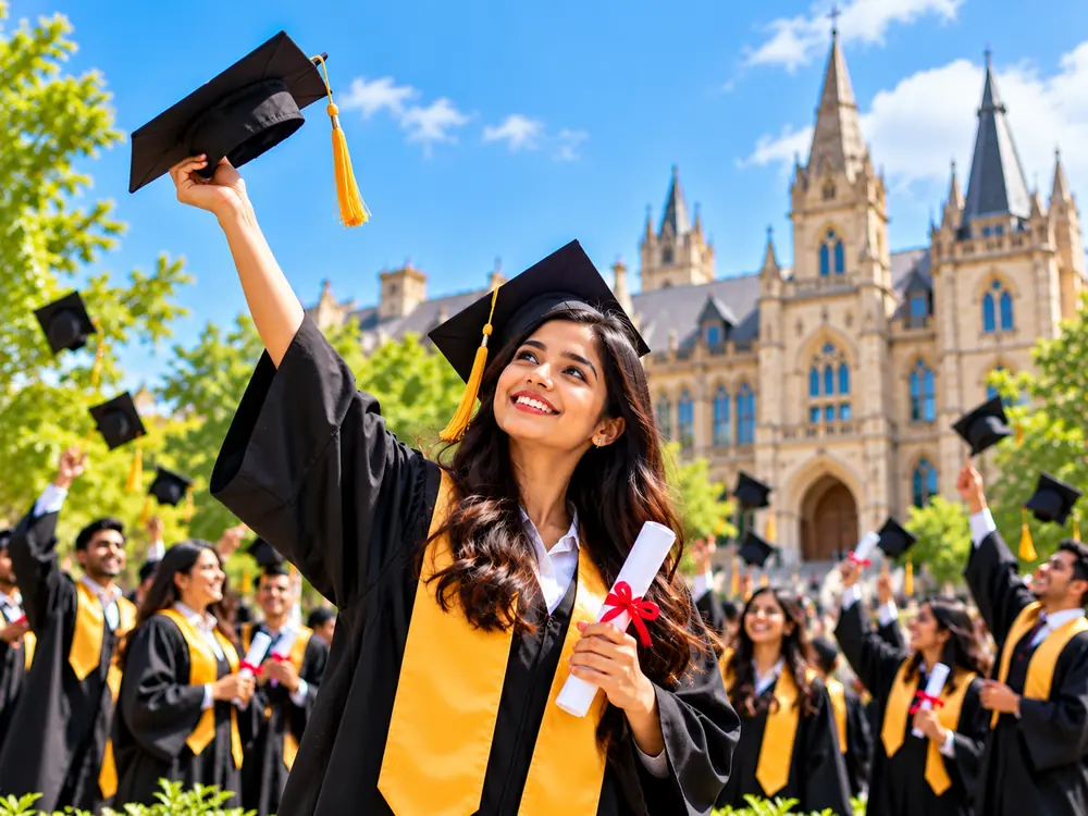 Smiling graduate tossing her cap with classmates in front of a historic university building