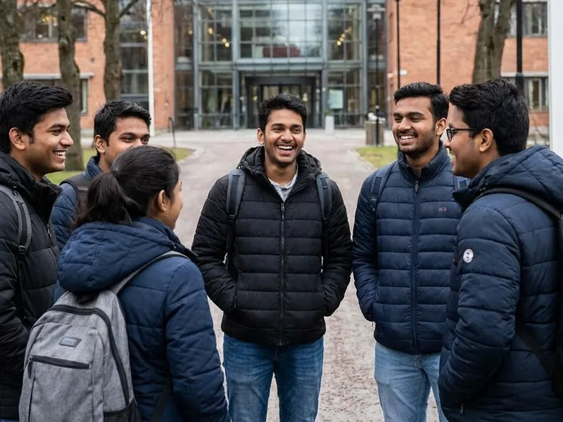 Indian students talking together on campus in Sweden