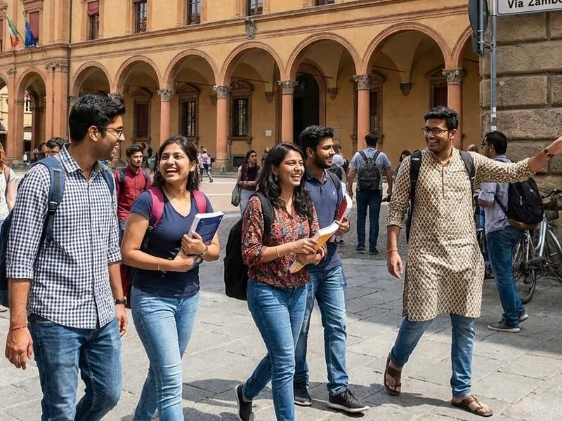 Indian students talking together on campus in Italy