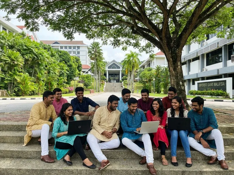 Indian students talking together on campus in Malaysia