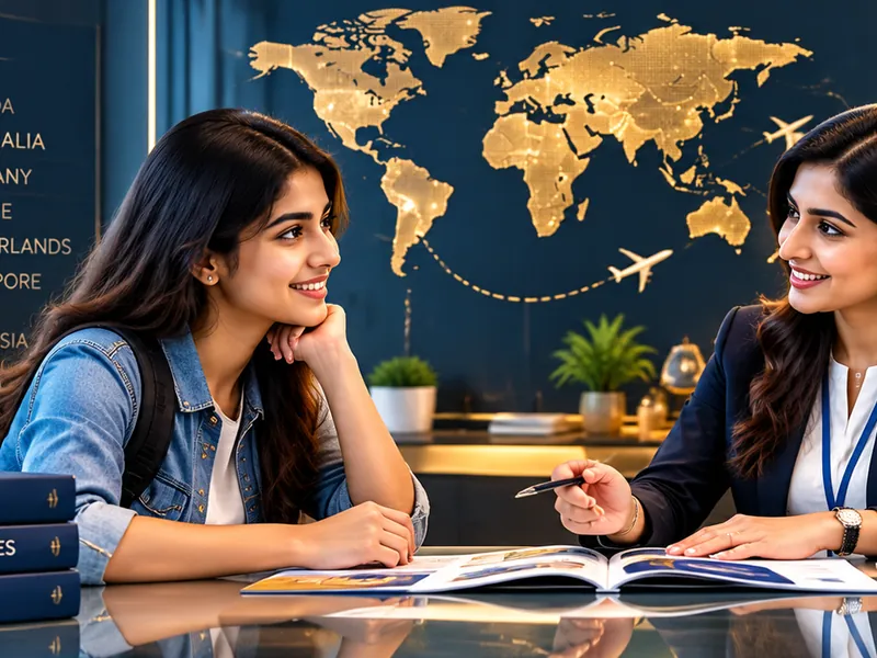 Indian student and counsellor discussing plans in a modern counselling office