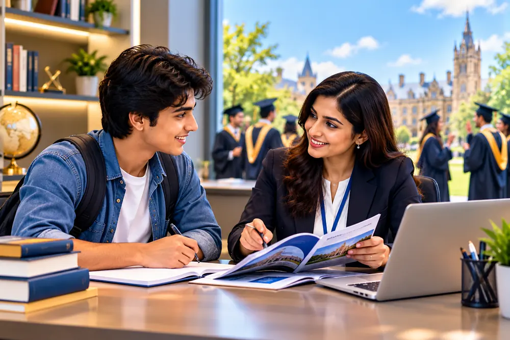 Student and counsellor reviewing a university brochure, with graduates on campus in the background
